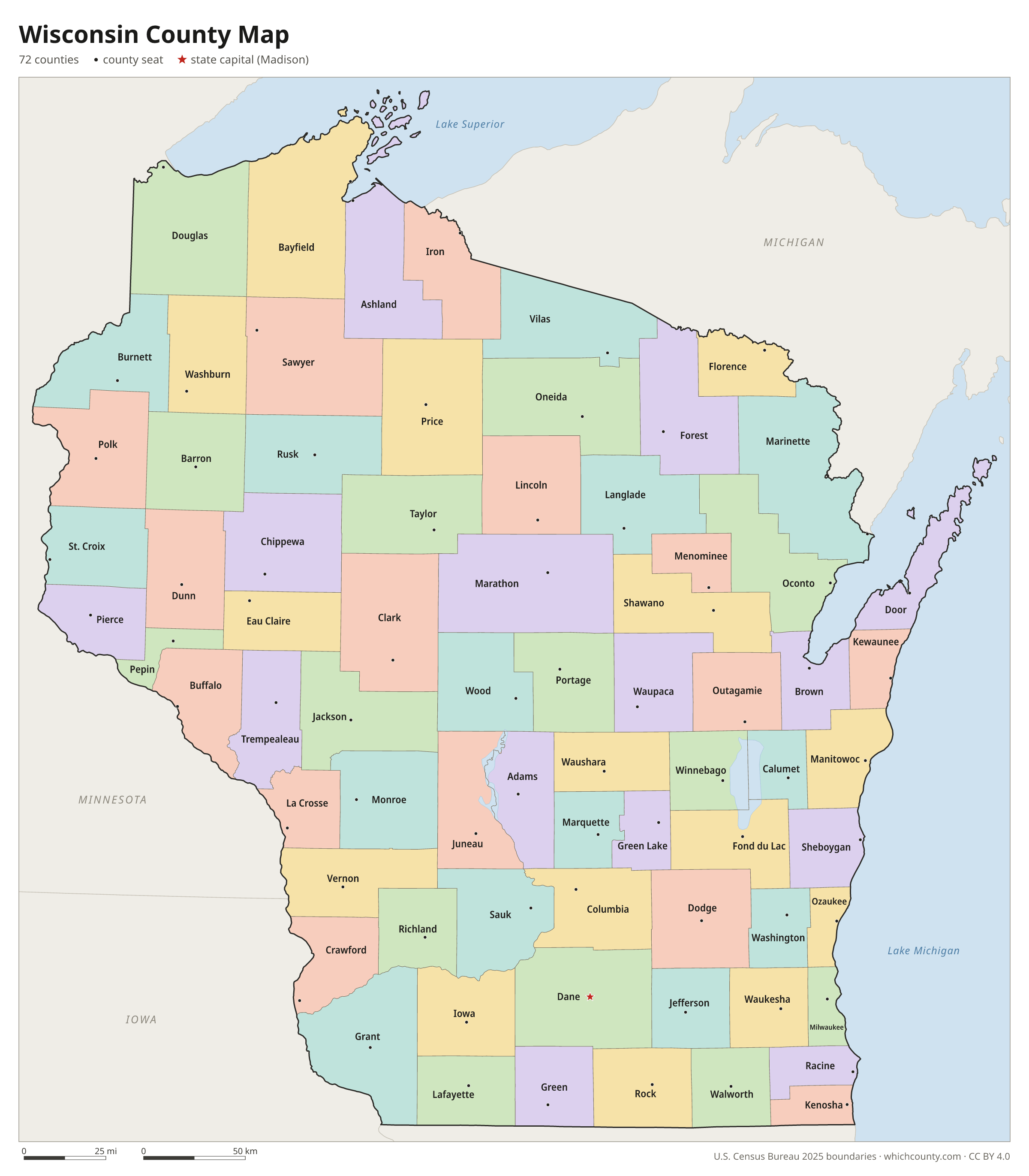 Wisconsin county map showing all 72 counties with county names and county seats