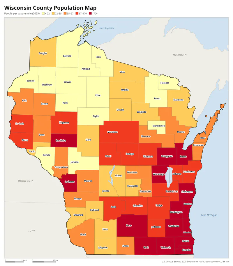 Map of Wisconsin counties shaded by population density