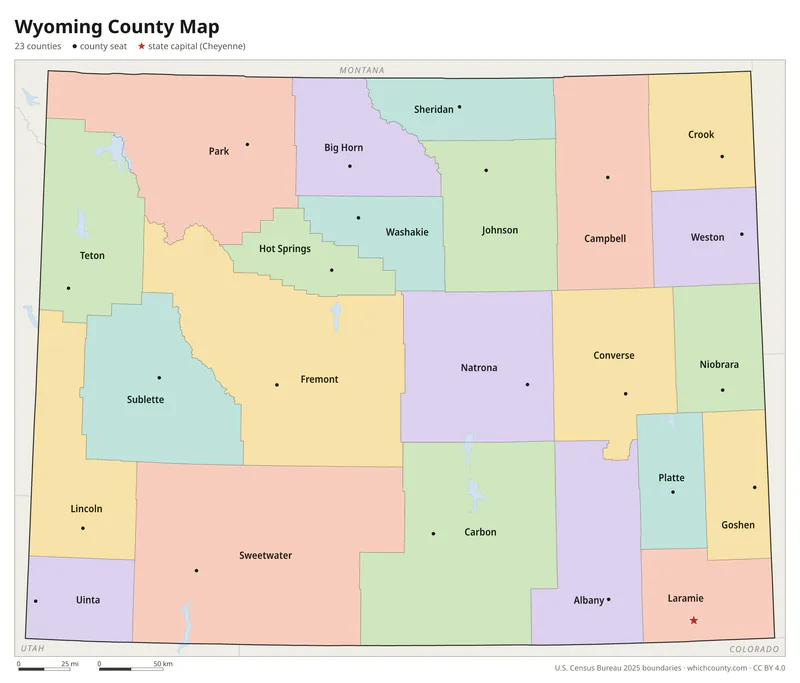 Wyoming county map with all 23 counties labeled