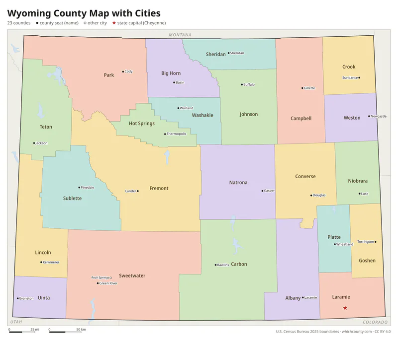 Wyoming county map with cities and county seats