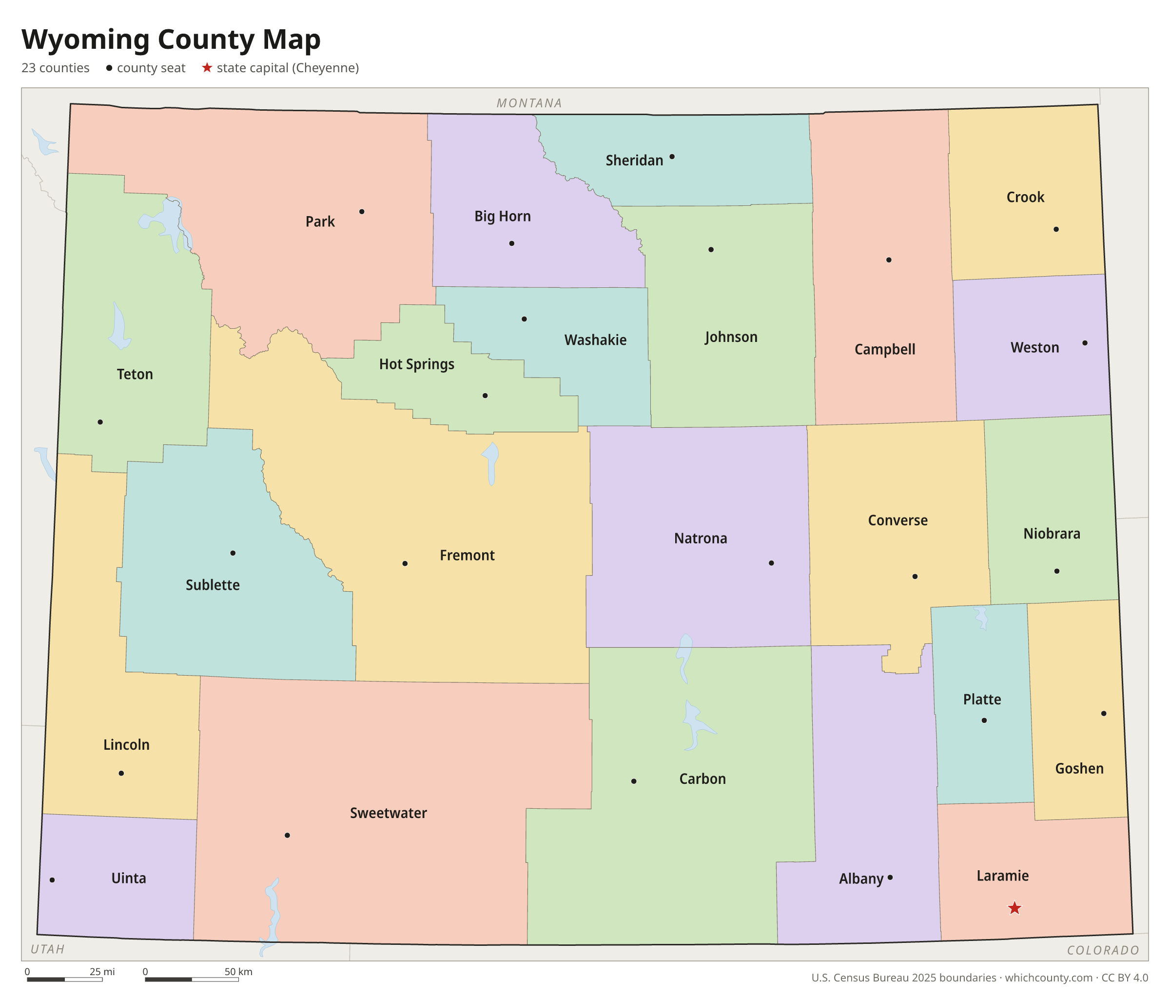 Wyoming county map showing all 23 counties with county names and county seats