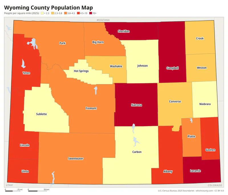 Map of Wyoming counties shaded by population density